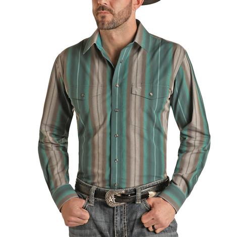 Panhandle Serape Turquoise and Brown Long Sleeve Snap Men's Shirt - Tall Sizes