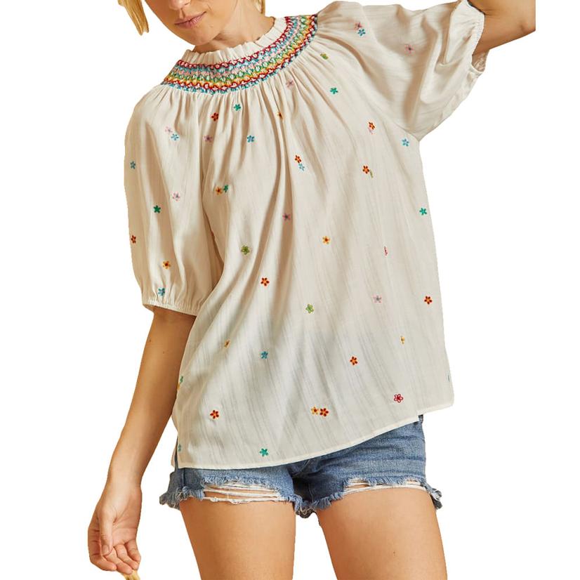 Ivory Smocked Neck Floral Women's Blouse by Savannah Jane