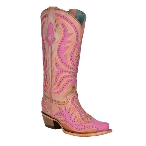 Corral Pink Overlay Fluorescent Embroidery Snip Toe Women's Boot
