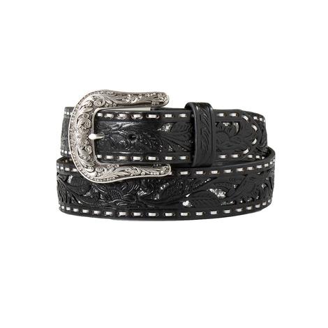 Nocona Black Flower Tooled with Silver Inlay Women's Belt