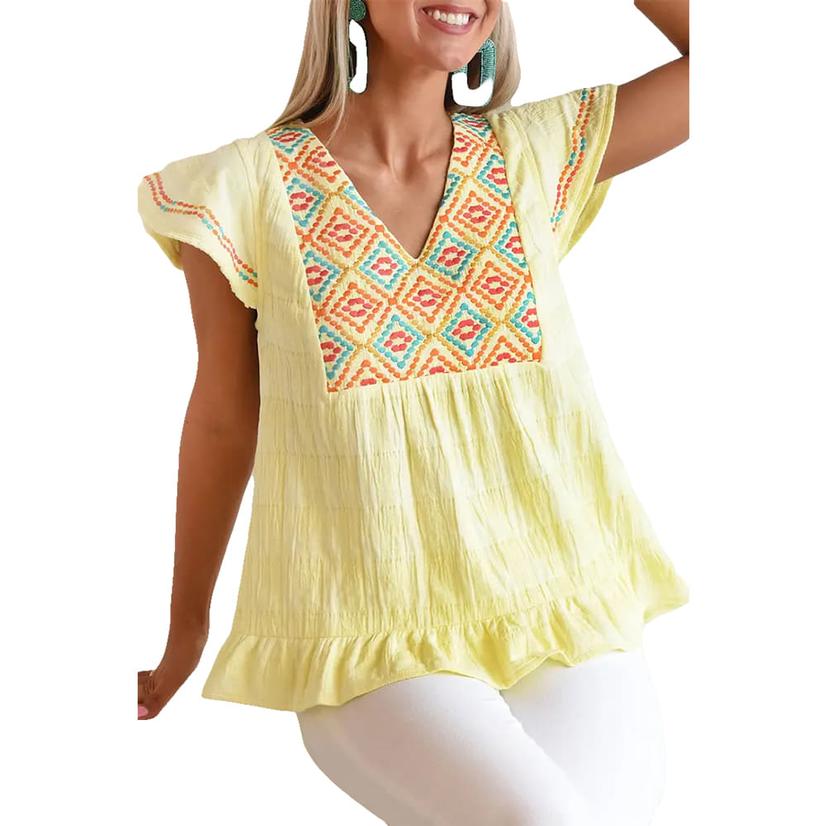  Full Time Purchase Yellow Geometric Embroidered Women's Blouse