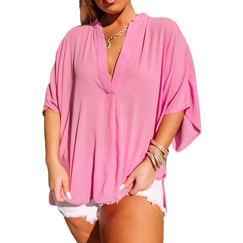 Full Time Purchase Pink Flowy Plus Size Women's Blouse