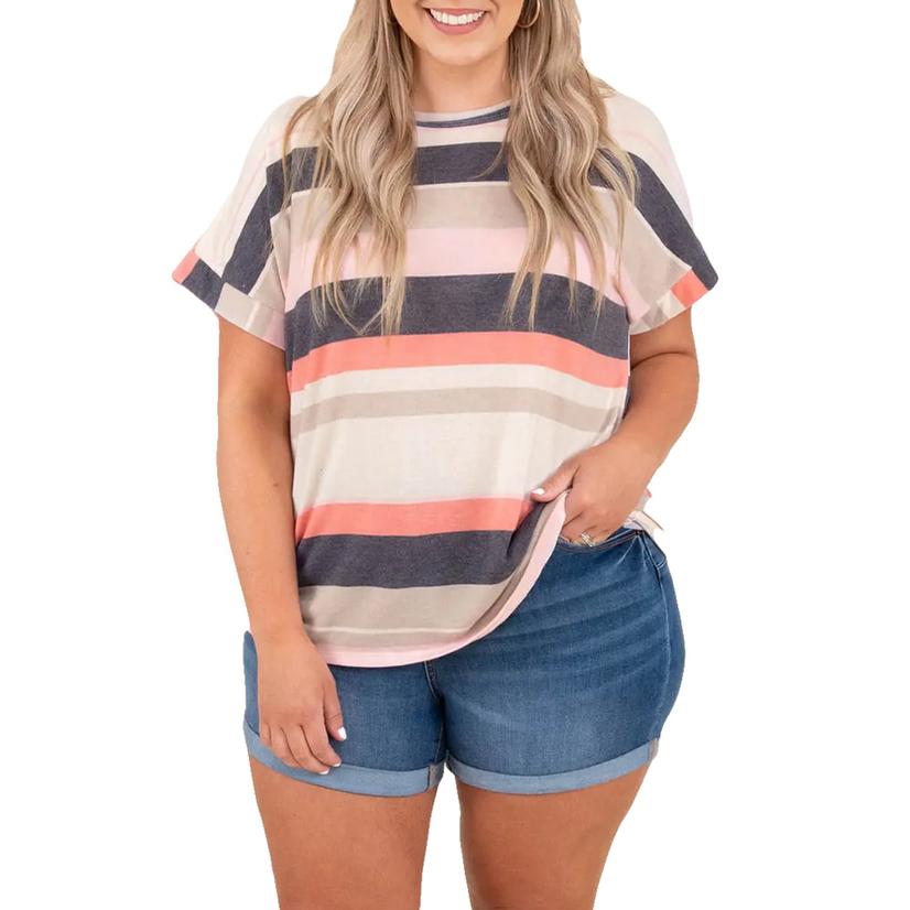  Full Time Purchase Striped Color Block Plus Size Women's Shirt
