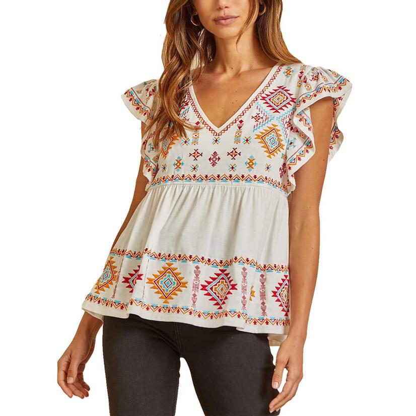 Aztec Embroidered Plus Size Babydoll Women's Blouse by Savanna Jane