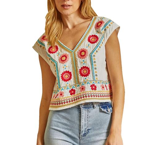 Savanna Jane Embroidered V Neck Cropped Women's Blouse