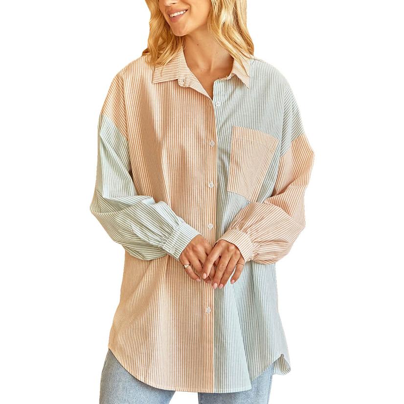 Andree By Unit Stripe Long Sleeve Plus Size Button- Down Women's Shirt