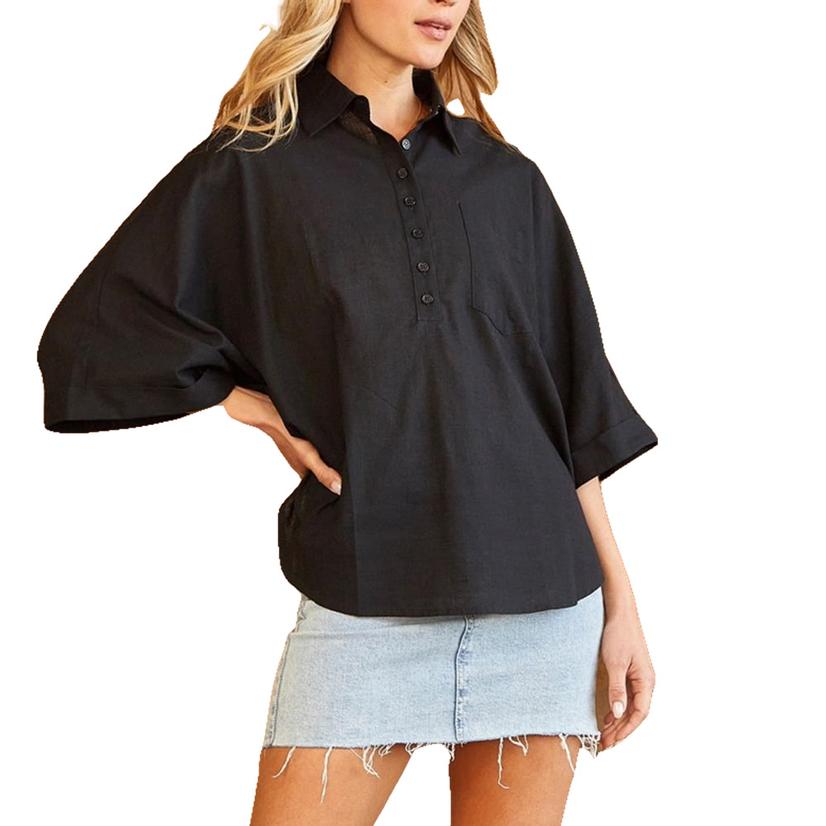  Andree By Unit Black Drop Sleeve Women's Blouse