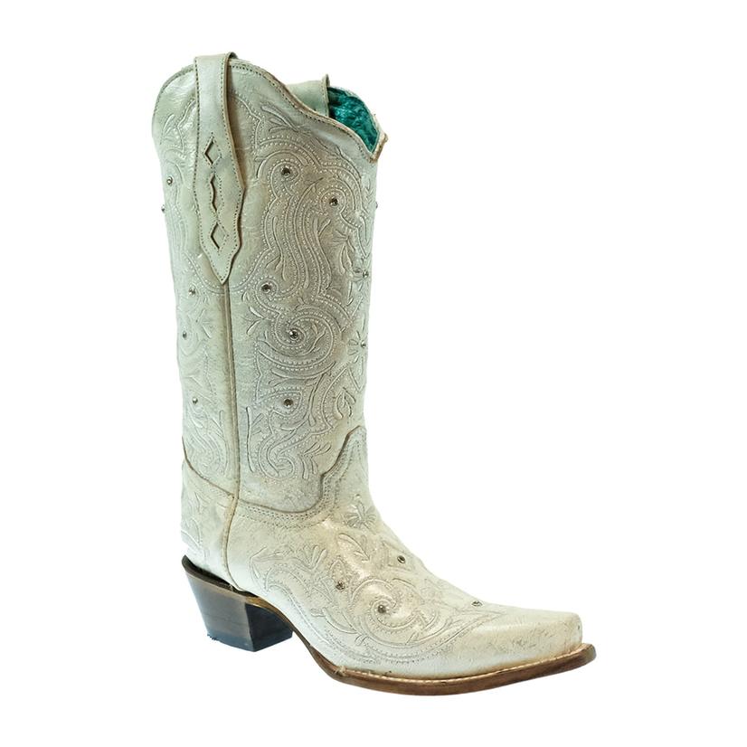  Corral Bone Crystal Embroidered White Snip Toe Women's Boots