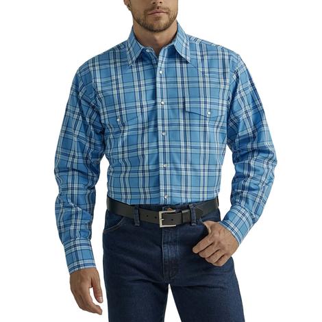 Wrangler Wrinkle Resistant Blue Plaid Long Sleeve Snap Men's Shirt