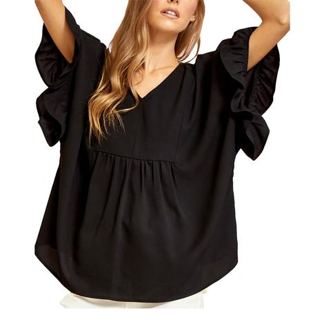 Black Flutter Sleeve V-neck Women's Blouse - Plus Size