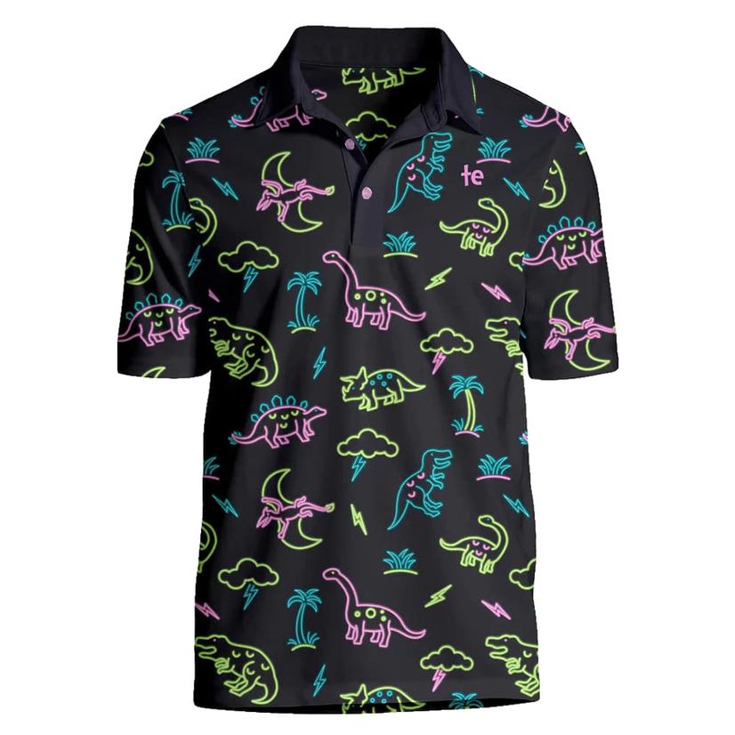  Tipsy Elves Neon Dinosaur Black Golf Short Sleeve Men's Polo Shirt