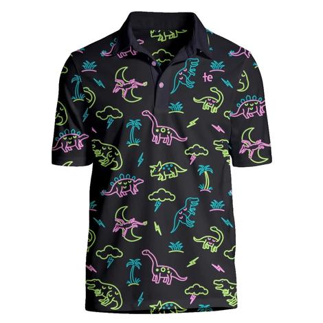 Tipsy Elves Neon Dinosaur Black Golf Short Sleeve Men's Polo Shirt