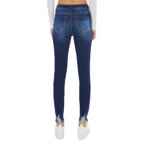 Kancan High Rise Frayed Hem Ankles Dark Wash Women's Plus Size Jeans