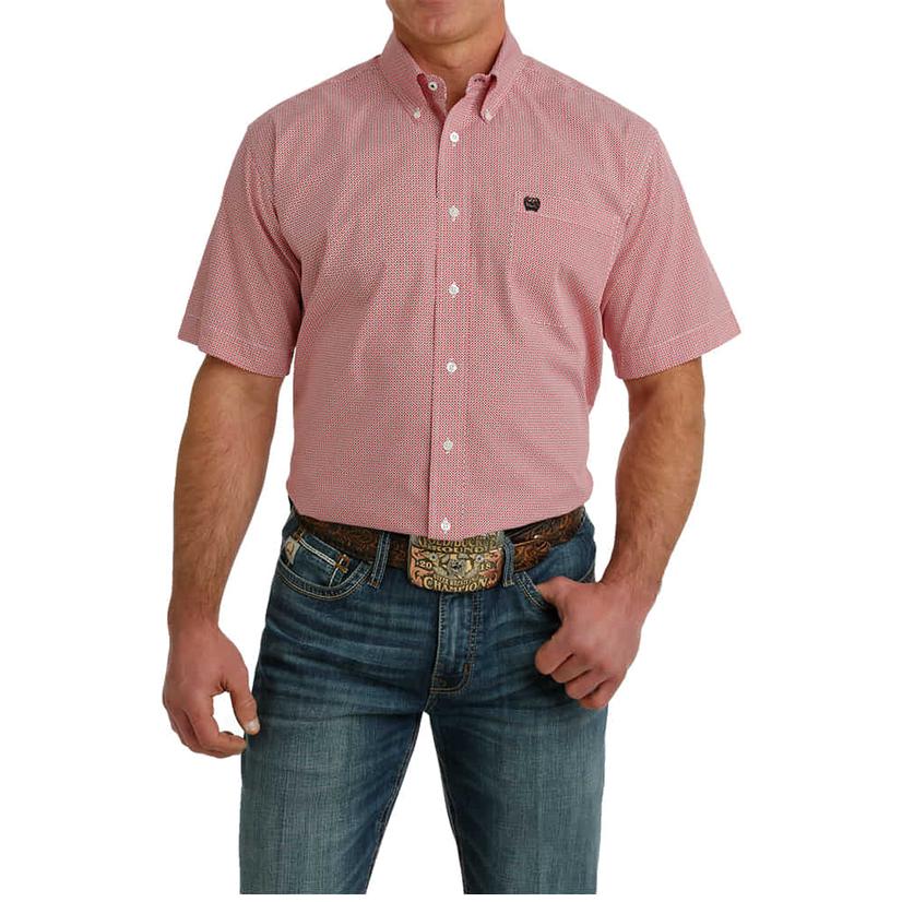  Cinch Red And White Printed Short Sleeve Button- Down Men's Shirt