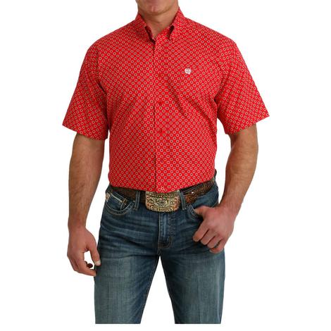 Cinch Red Printed Cotton Short Sleeve Button-Down Men's Shirt