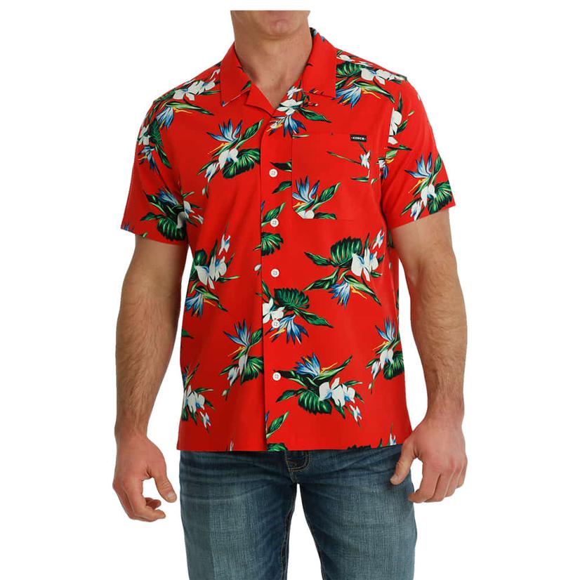  Cinch Camp Collection Red Flower Print Short Sleeve Button- Down Men's Shirt