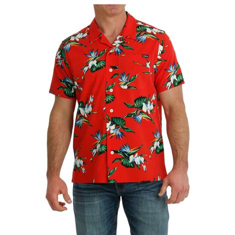 Cinch Camp Collection Red Flower Print Short Sleeve Button-Down Men's Shirt