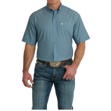 Cinch ARENAFLEX Blue With White And Yellow Dots Short Sleeve Button-Down Men's Shirt