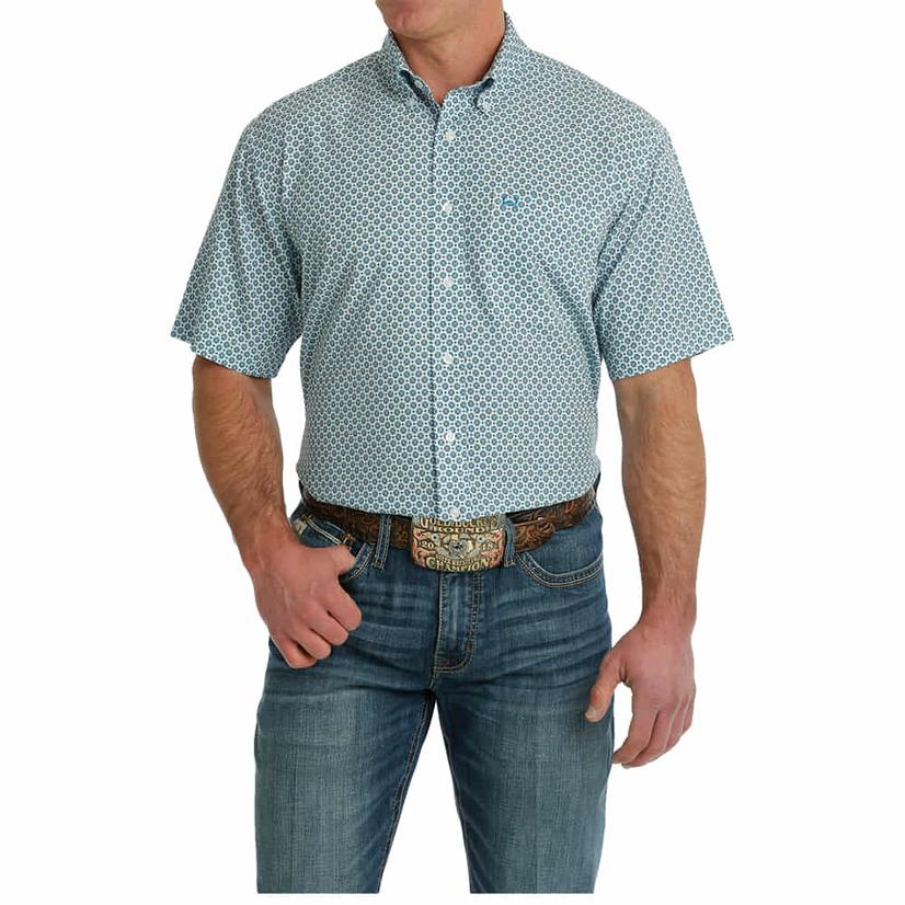  Cinch Arenaflex White And Blue Patterned Short Sleeve Button- Down Men's Shirt