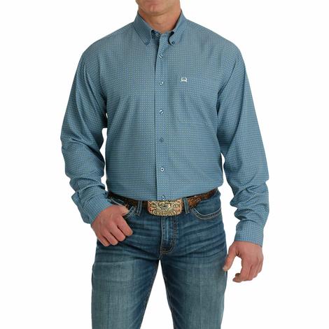 Cinch ARENAFLEX Blue And White Printed Long Sleeve Buttondown Men's Shirt