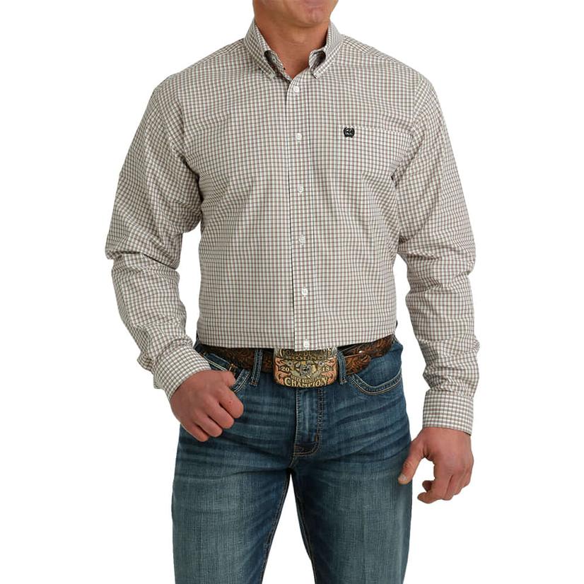  Cinch Plaid White Long Sleeve Button- Down Men's Shirt