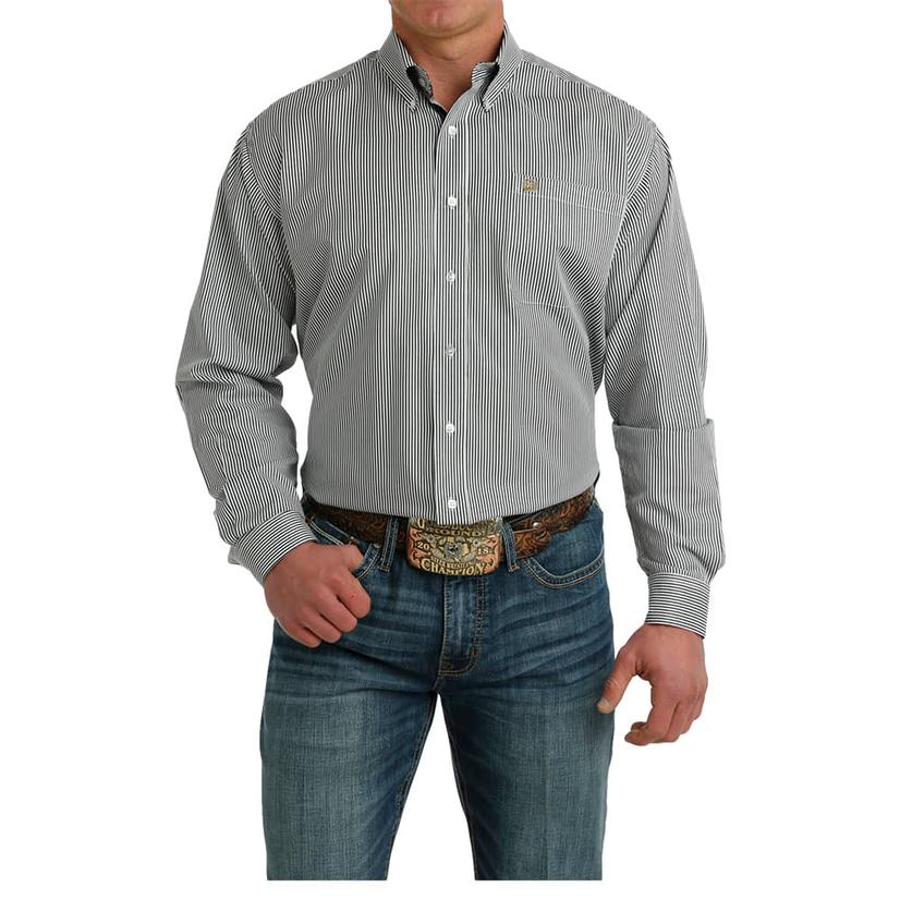  Cinch Tencel White Long Sleeve Striped Button- Down Men's Shirt
