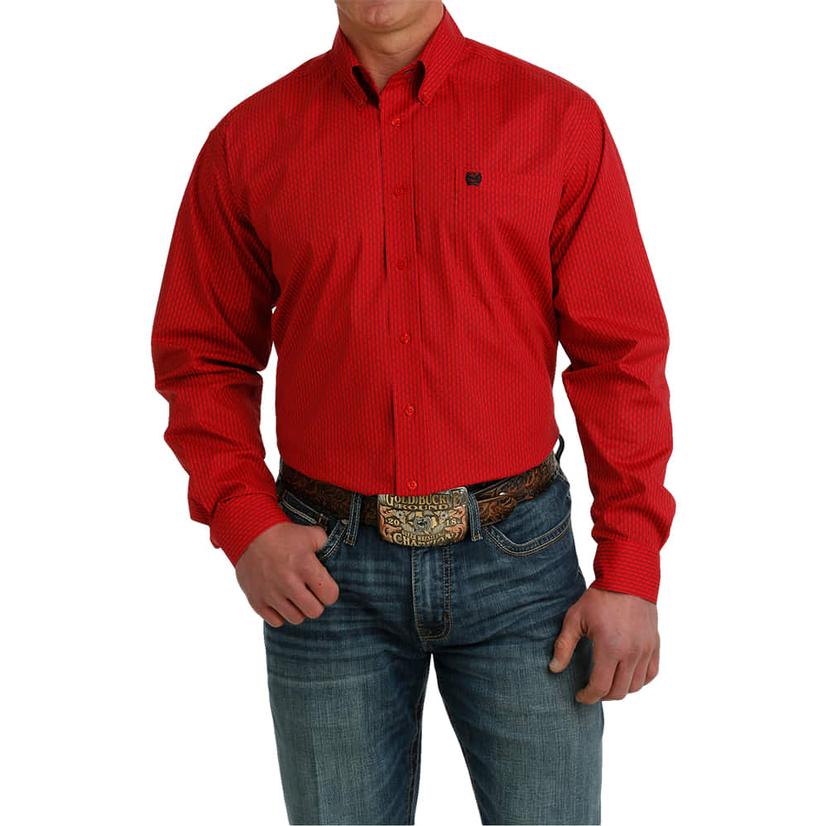  Cinch Printed Red Long Sleeve Button- Down Men's Shirt
