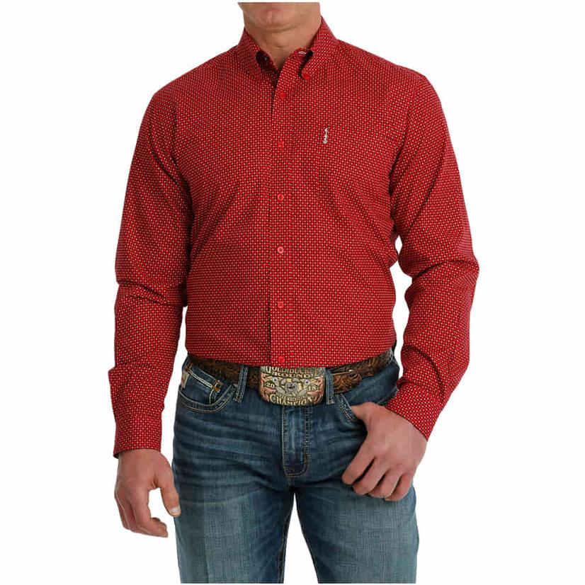  Cinch Modern Fit Red Printed Long Sleeve Button- Down Men's Shirt