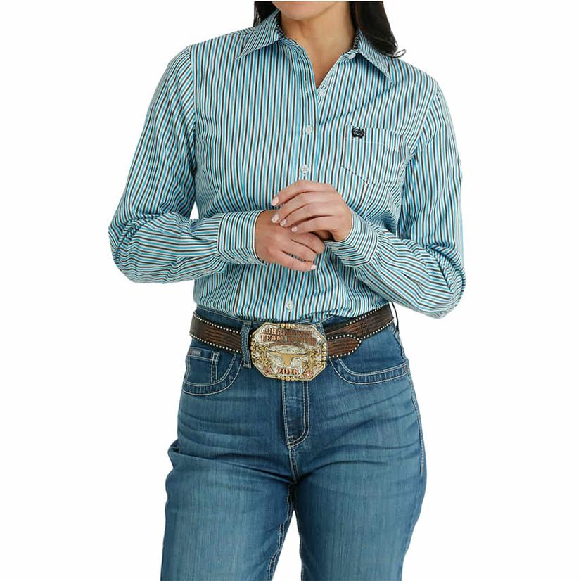  Cinch Blue Striped Tencel Long Sleeve Button- Down Women's Shirt