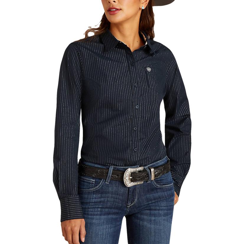  Ariat Kirby Navy Silver Stripe Long Sleeve Button- Down Women's Shirt