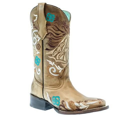 Corral Tan Horse Embroidery Square Toe Girls Boots