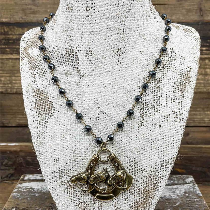  Erin Knight Designs Hematite Necklace With 3 Horse Head And Horseshoe Pendant