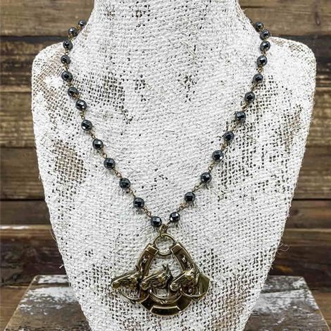 Erin Knight Designs Hematite Necklace With 3 Horse Head And Horseshoe Pendant 