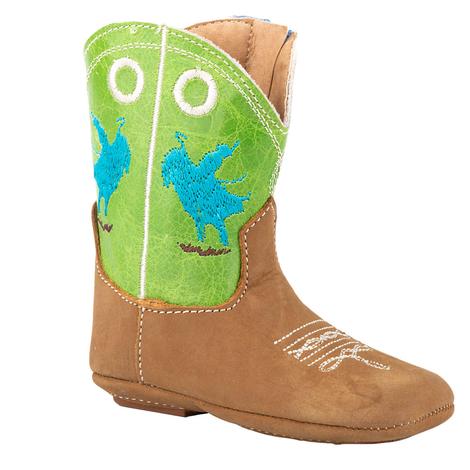 Roper Cowbabies Tan and Lime Green Infant Booties
