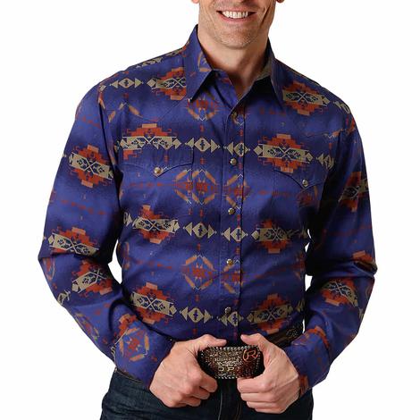  Roper Blue Aztec Print Long Sleeve Snap Men's Shirt