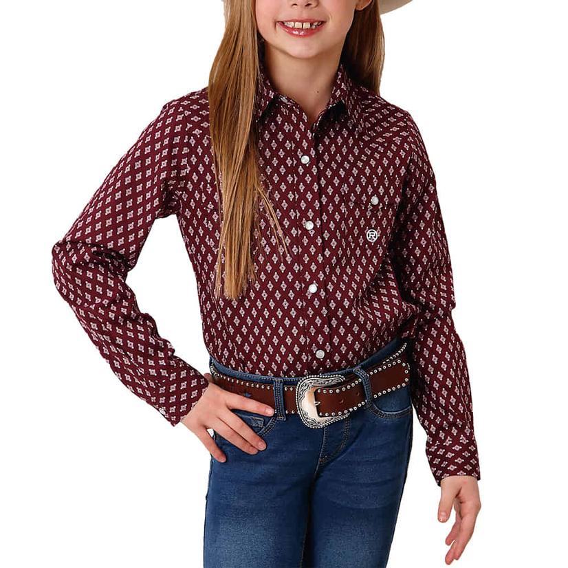  Roper Girl's Diamond Print Maroon Long Sleeve Snap Shirt
