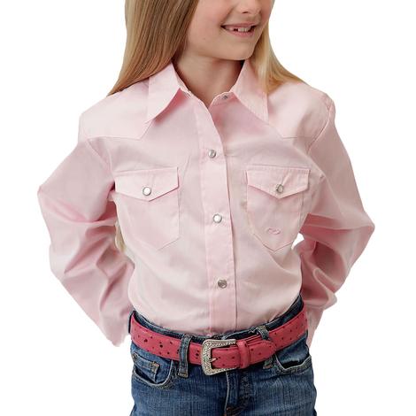 Roper Basic Solid Pink Girls Long Sleeve Snap Shirt
