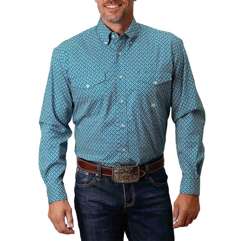  Roper Amarillo Blue Stretch Poplin Long Sleeve Button- Down Men's Shirt