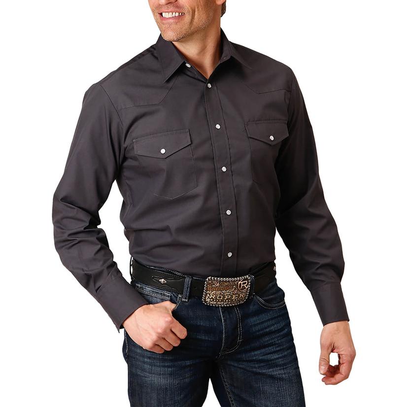  Roper Classic Solid Grey Long Sleeve Snap Men's Shirt