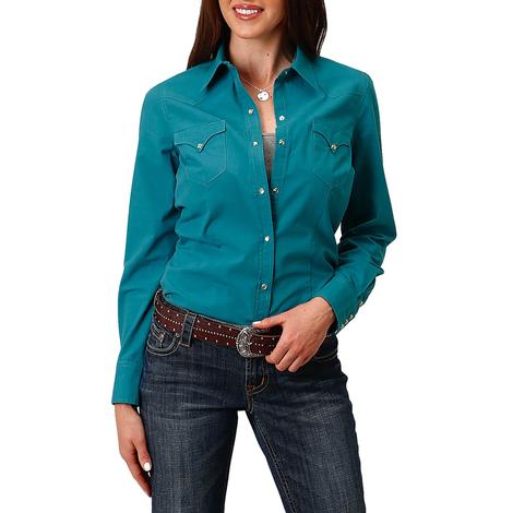 Roper West Made Teal Solid Long Sleeve Snap Women's Shirt