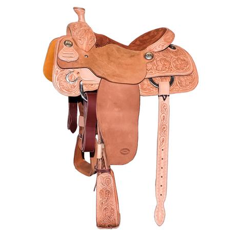 STT Half Natural Roughout Half Floral Tool with Suede Seat Calf Roping Saddle