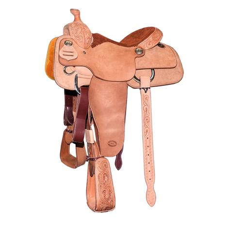 STT Natural Roughout Eighth Floral Tool with Suede Seat Calf Roping Saddle