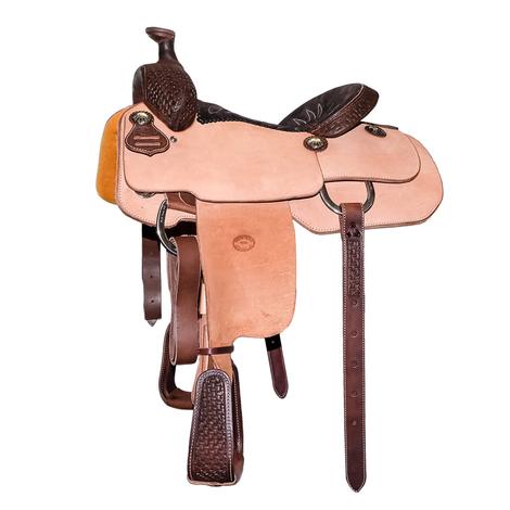 STT Natural Roughout Eighth Chocolate Axe Tool with Black Suede Seat Team Roping Saddle