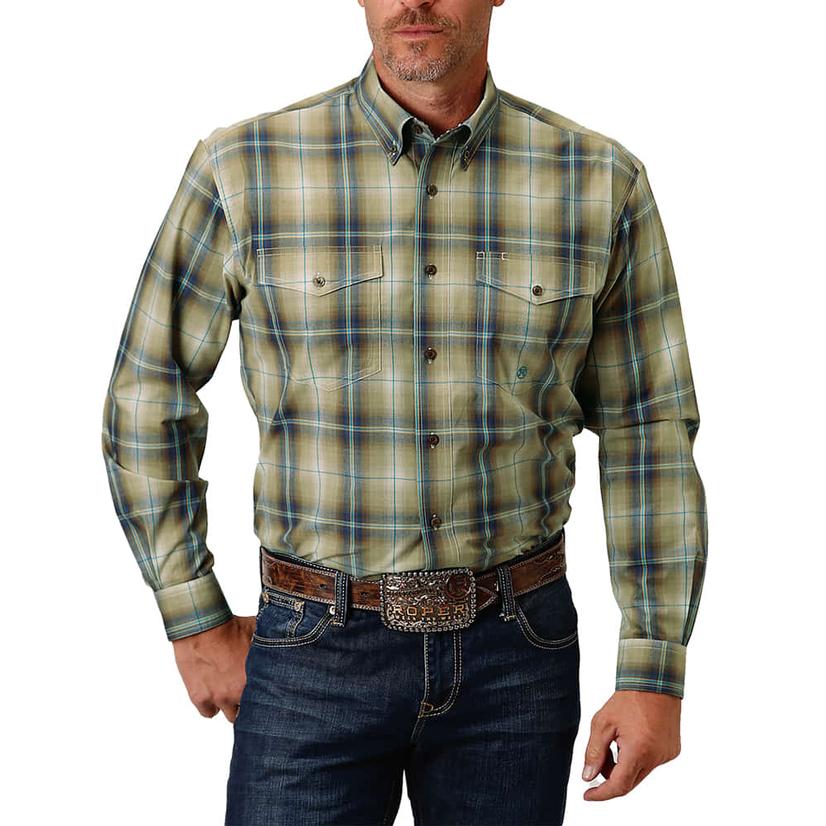  Roper Amarillo Plum Ridge Tan Plaid Long Sleeve Button- Down Men's Shirt