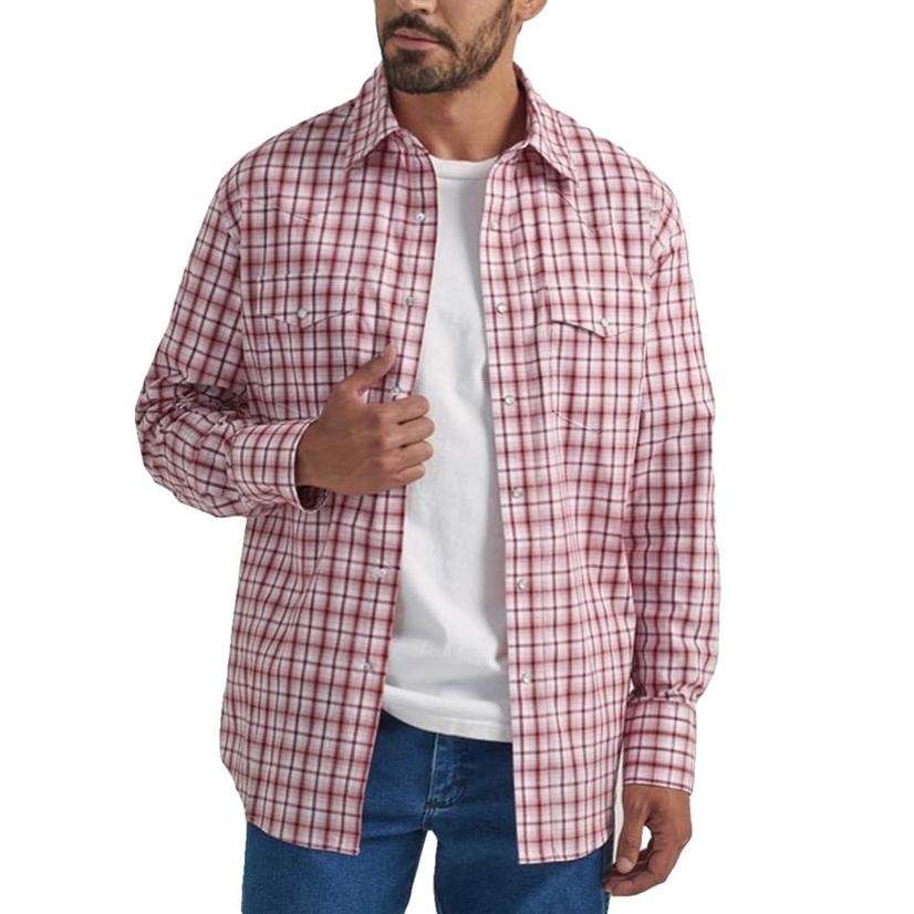  Wrangler Long Sleeve Wrinkle Resist Red Button- Down Men's Shirt