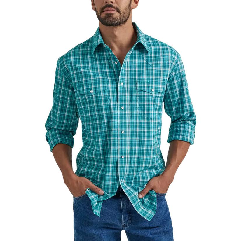  Wrangler Long Sleeve Wrinkle Resist Teal Button- Down Men's Shirt