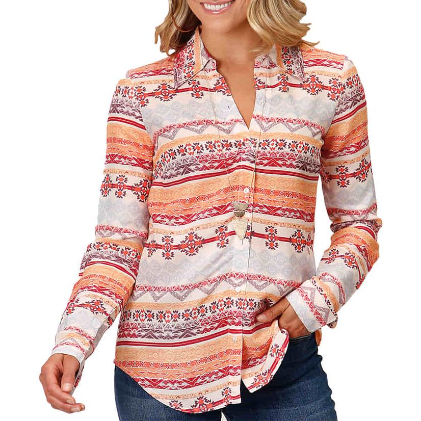  Roper Orange Aztec Print Long Sleeve Button- Down Women's Shirt