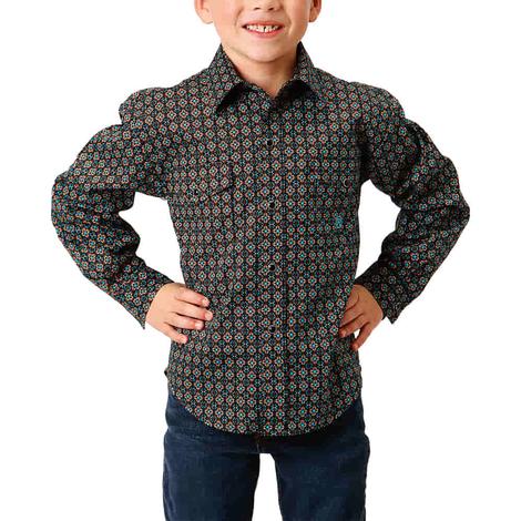 Roper Brown Geo Print Long Sleeve Snap Boy's Shirt