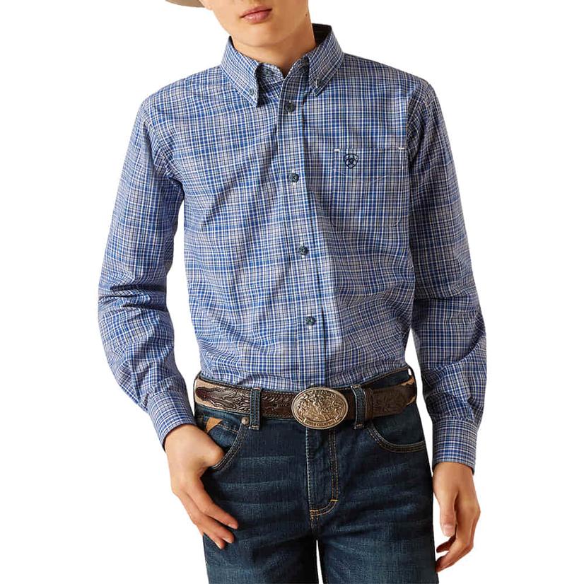  Ariat Blue Plaid Pitt Classic Fit Long Sleeve Button- Down Boy's Shirt