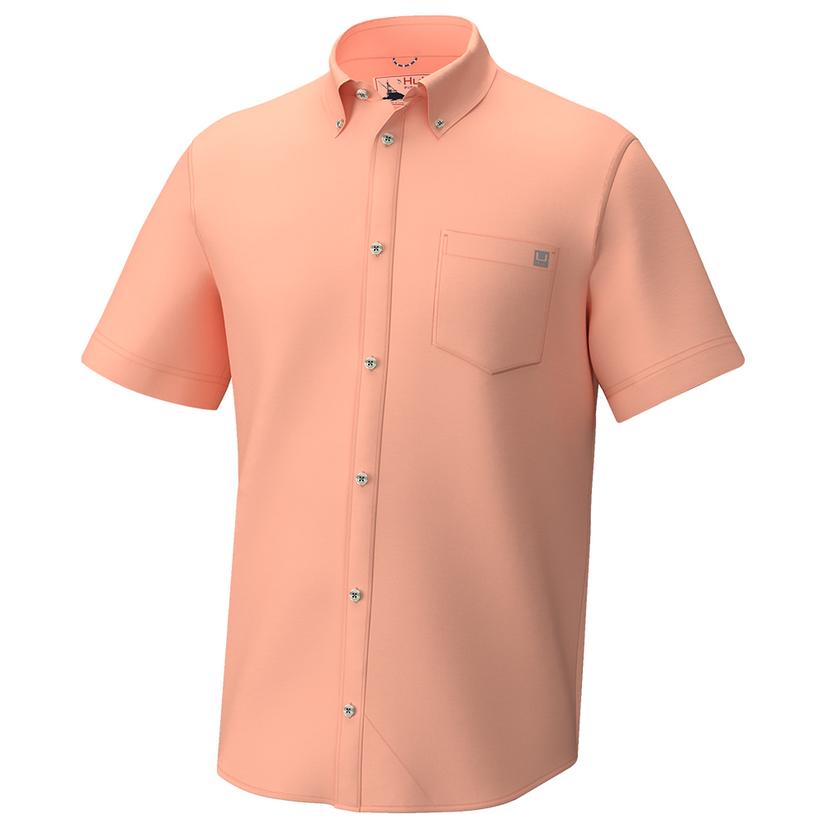  Huk Kona Solid Peach Nectar Men's Button- Down Short Sleeve Shirt